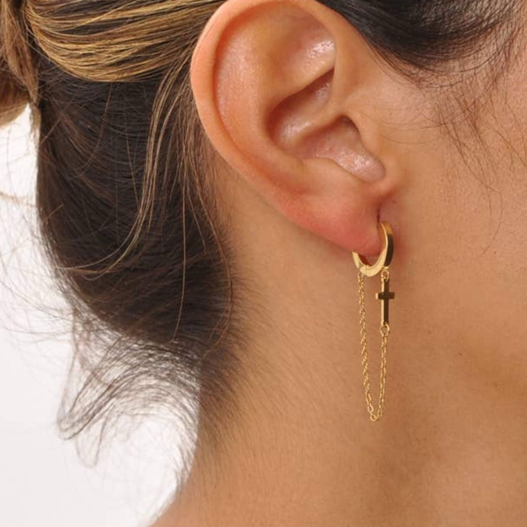 Créoles croix avec chaîne - Acier Inoxydable - Bijoux Croix