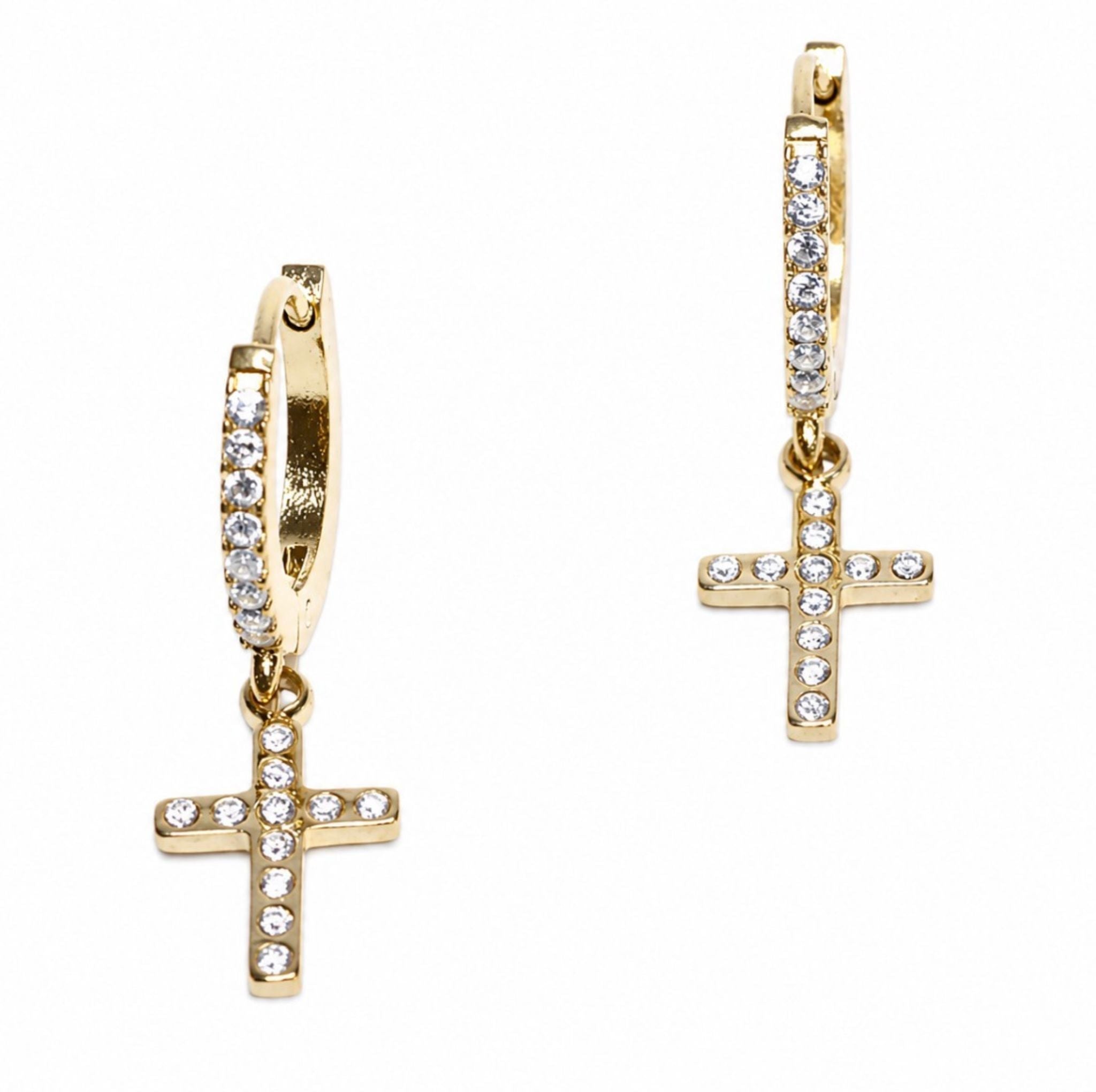 Créoles Croix Brillantes Dorées - Bijoux Croix