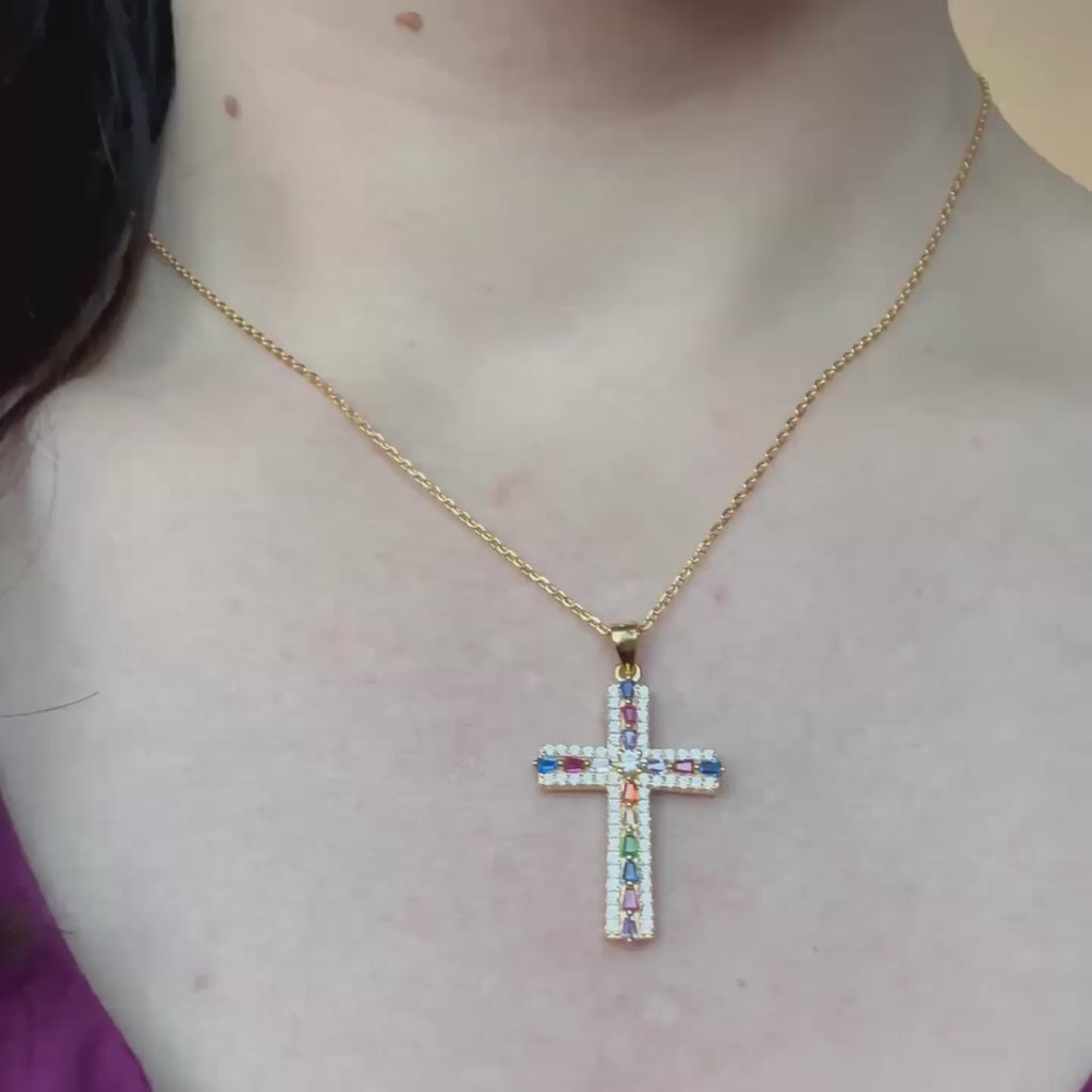 Collana con croce celeste multicolore