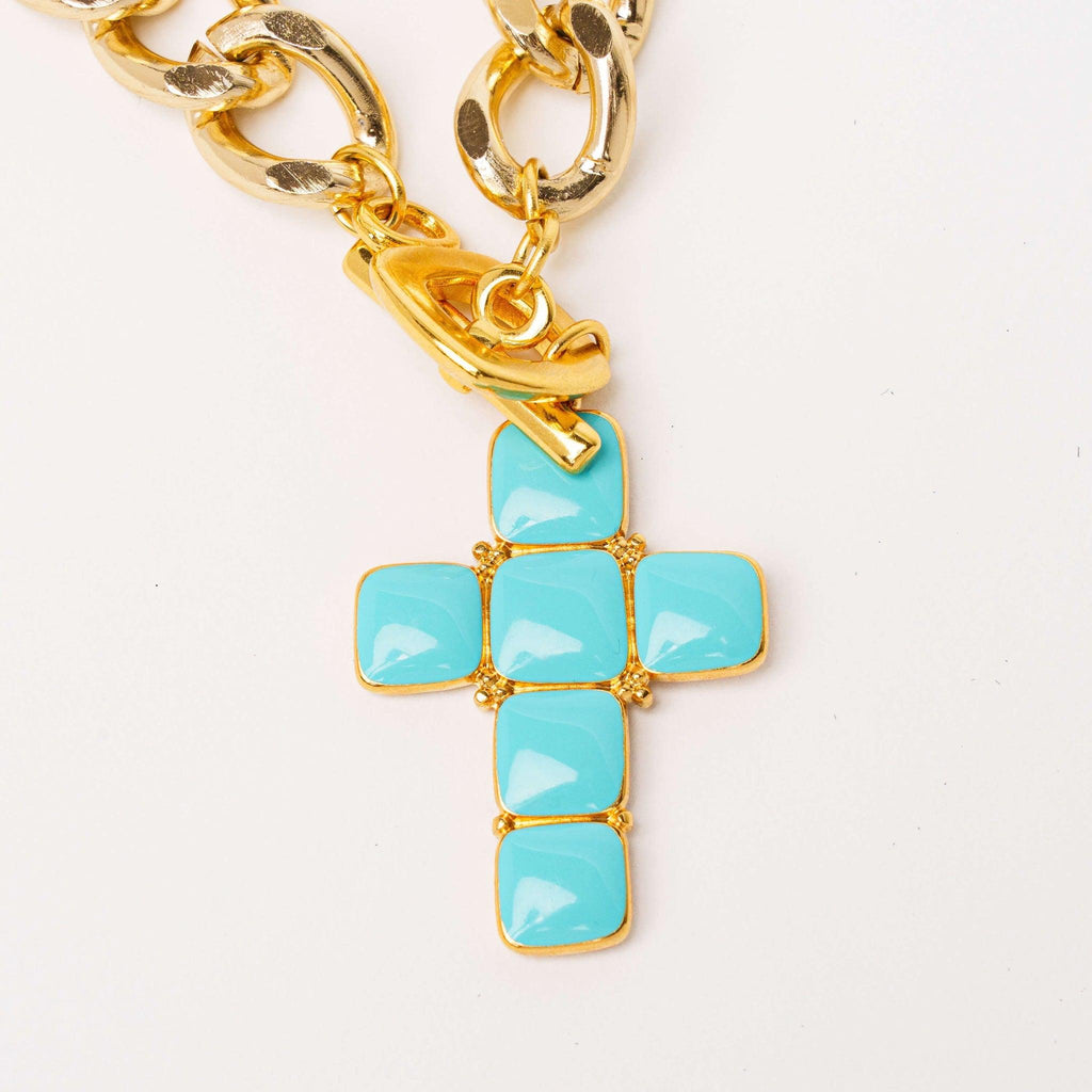 Zoom collier croix Léa email bleu
